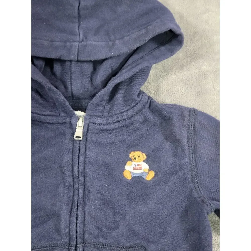 Ralph Lauren Bear Full Zip Hoodie Baby Boy Sz 12M Embroidered Blue Toddler C10